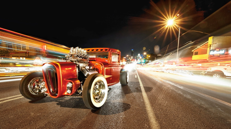 car, cool, rod, lights, retro, hot rod, street, hot, night, 1080P