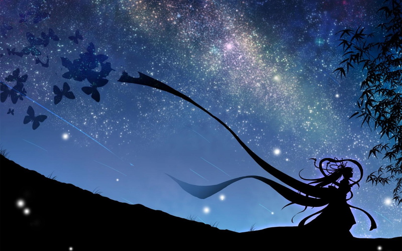 butterflies, lights, cool, hime, 720P, long-hair, anime, stars, landscape, female, awesome, anime-girl, princess, sama, night