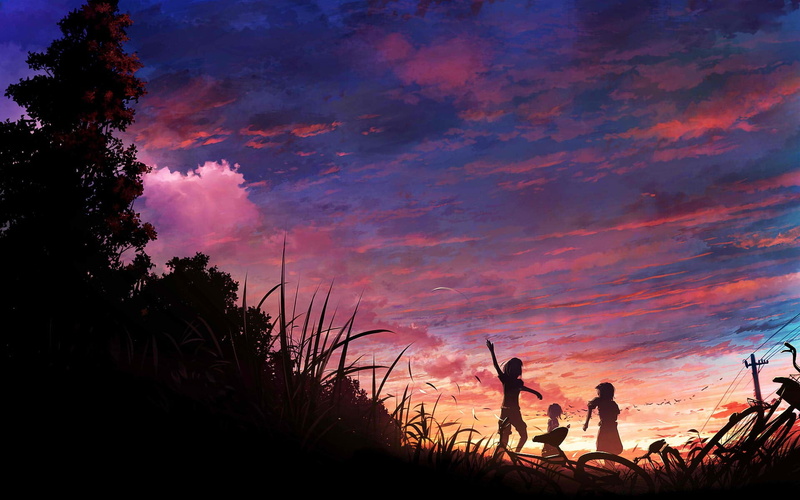 scenics - nature, anime girls, men, clouds, cloud - sky, son, tree, three, standing, plant, 1080P, grass, leisure activity, orange color, bicycle, lifestyles