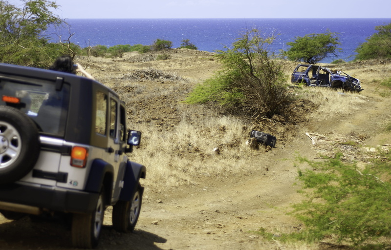 demolished, clear sky, incidental people, day, burned, sports utility vehicle, off-road vehicle, sky, land, hawaii, cliff, pacific, nature, transportation