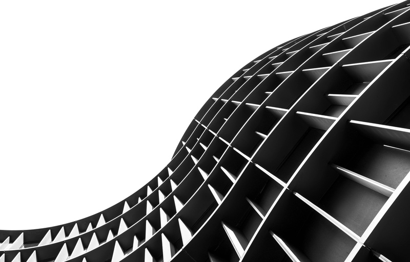 sphere, monochromatic, perspective, monochrome, black on white, architecture, outdoors, office building exterior, curve, black and white photography, clear sky