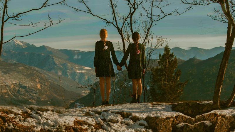 height, mountains, 1080P, view, braids, girls, pair, Touch, not gonna get us, landscape