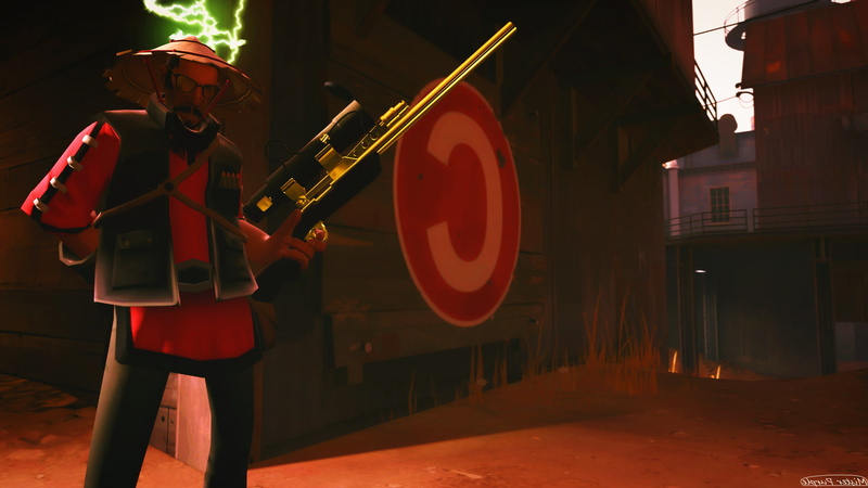 one person, performance, sniper tf2 team fortress 2 source filmmaker, music, street, musical equipment, built structure, outdoors, red, clothing, focus on foreground