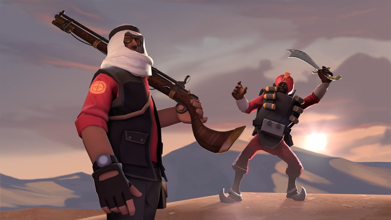 Team Fortress 2, protection, togetherness, playing, sky, front view, sunset, Demoman, security, standing, teenage boys, outdoors, lifestyles, Sniper (TF2)