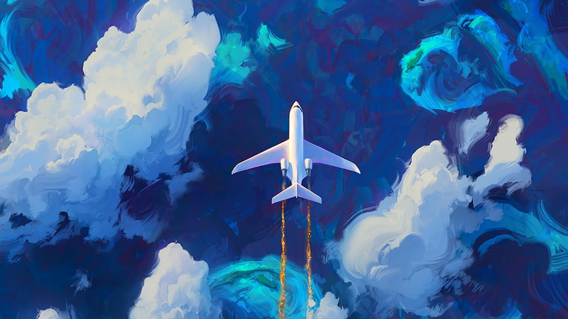 cloud, blue, 1080P, painting, airplane, sky, painting art, flying, art