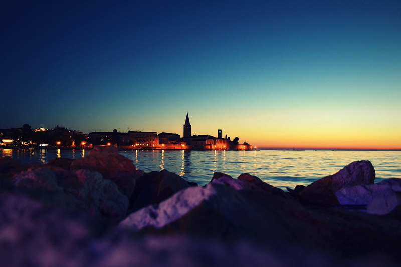 purple, croatia, sea, summer, tower, 2K, solid, nature, scenics - nature, water, dusk, land, reflection, rock - object, clear sky, silhouette, sunset