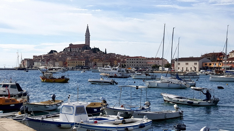building exterior, moored, ship, nautical vessel, architecture, cloud - sky, houses, rovinj, 1080P, religion, port, sea, croatia, mode of transportation