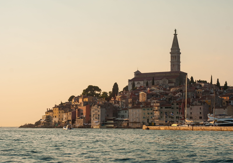 place of worship, sunset, sea, building exterior, clear sky, belief, canal, porto, waterfront, outdoors, istria, water, rovinj, architecture, building