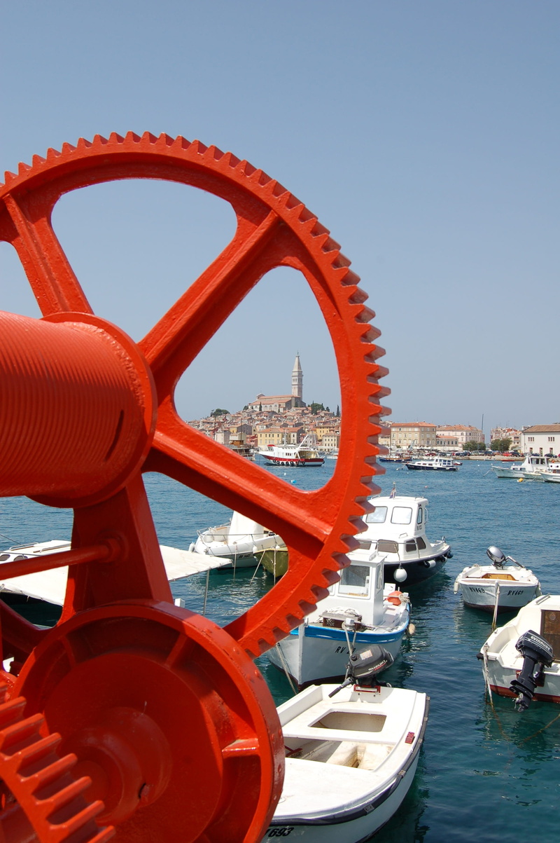 boats, coast, rovinj, sea, no people, day, life belt, istria, church, nature, circle, transportation, red, clear sky, waterfront, sky, port, architecture
