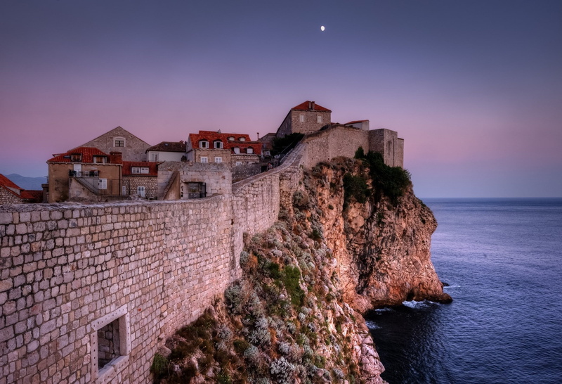 rock, Dubrovnik, Old, Stones, Stone House, Horizon, Moon, town, walls, Croatia, 1080P, Old Building, sea, house, architecture, Evening