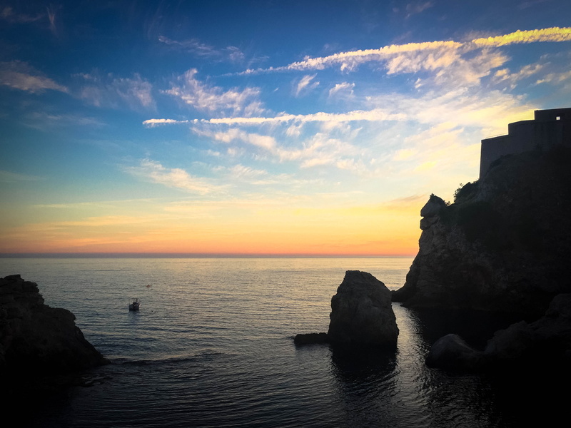 nature, tranquil scene, sunset, orange sky, cliffs, rock - object, 2K, rock, walls of dubrovnik, beauty in nature, outdoors, tranquility, ocean, sky, solid