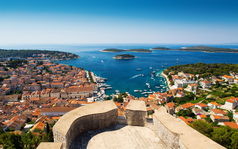 hvar, harbor, town, city, travel, building exterior, hd, architecture, nature, 5K, old, horizon over water, sky, high angle view, building, built structure