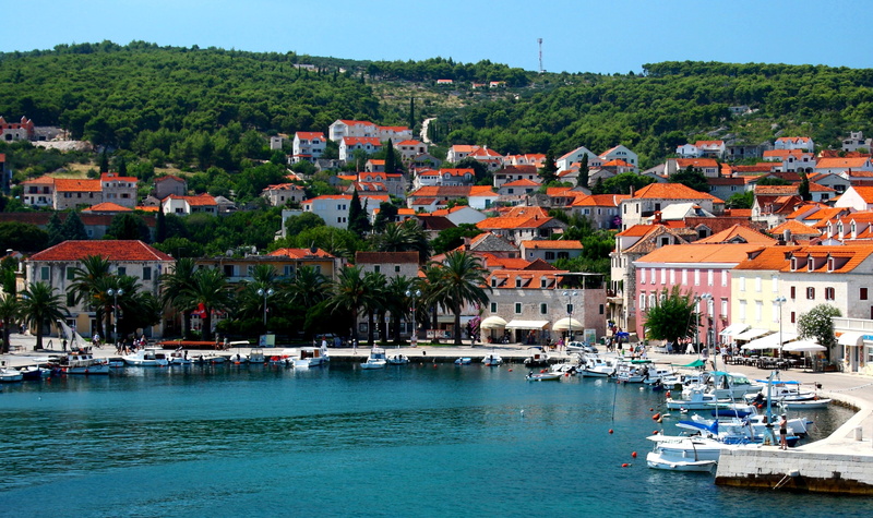 palm trees, Hvar, 1080P, slope, shore, boats, sea, trees, Croatia, island, home