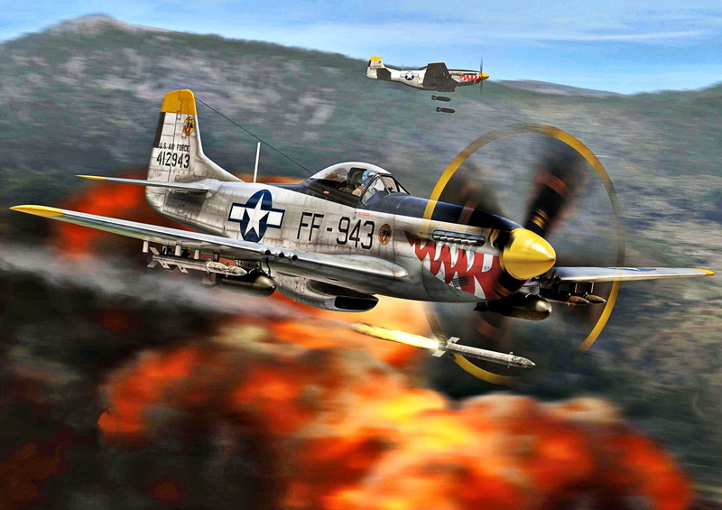 The Korean war 1950-1953, bombs, 1080P, USAF, F-51D, HVAR, 18th FBG, Korea 1950, The explosion, Mustang