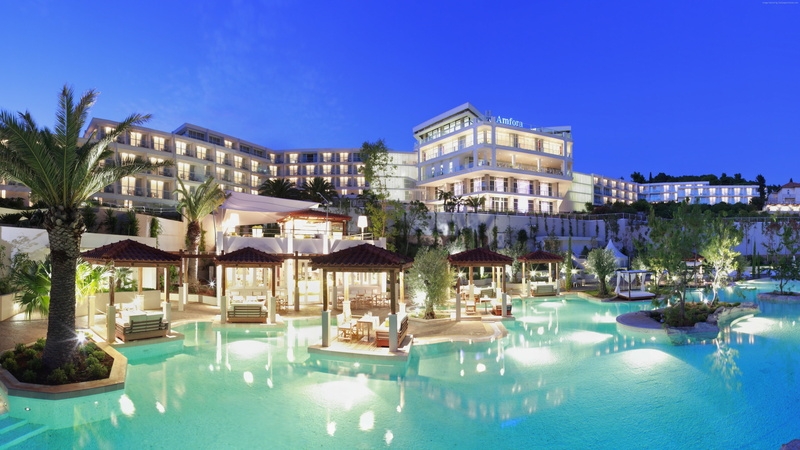 swimming pool, sky, tourism, reflection, hotel, hvar, real estate, no people, pool, luxury, amfora, architecture, water, illuminated, resort town, travel destinations