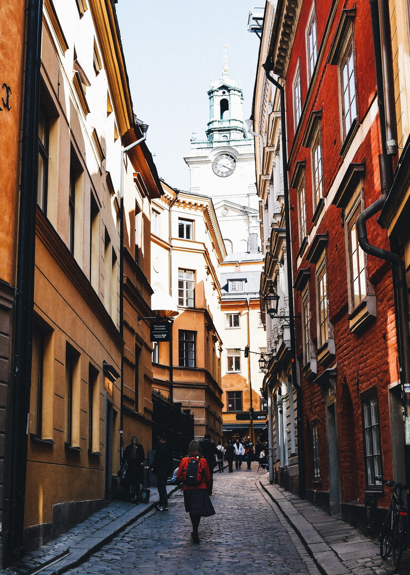 sidewalk, gamla stan, pedestrian, walkway, pavement, the way forward, alley, steeple, walking, spire, incidental people, architecture, women, tower, 4K
