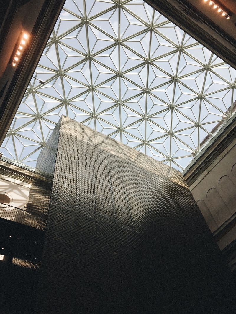 building, low angle view, geometric shape, window, metal, nationalmuseum, glass - material, shape, directly below, skylight, day, triangle, glass, pattern
