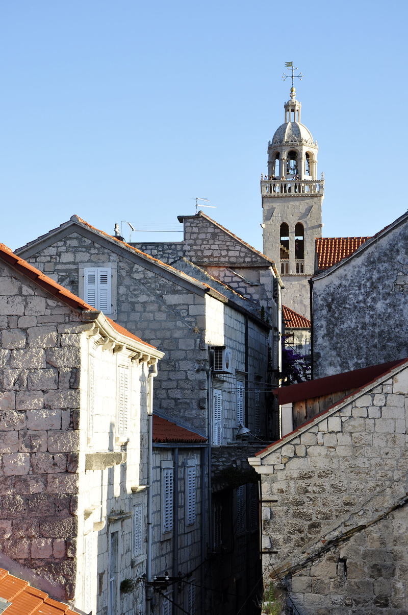 europe, clear sky, day, building, korcula old town, blue, island, building exterior, low angle view, summer, city, old, croatia, nature, place of worship