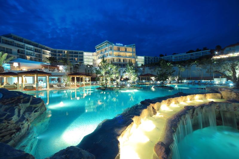 trees, stones, island, the hotel, night, brown, gazebos, waterfall, Croatia, 4K, pool, resort, island Hvar, lights