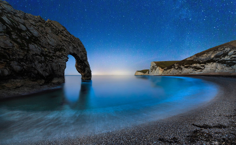 world, blue, rock, solid, water, natural arch, Nature, scenics - nature, night, Beach, beaches, tranquil scene, star field, tranquility, sea