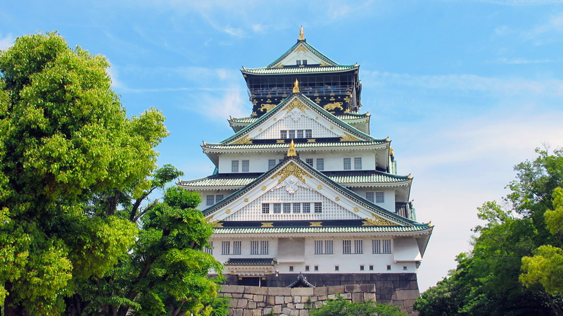 landmark, temple, travel destinations, Asian architecture, near, blue, ancient, religion, house, 2K, nature, osaka, osaka castle, culture, outdoors, built structure