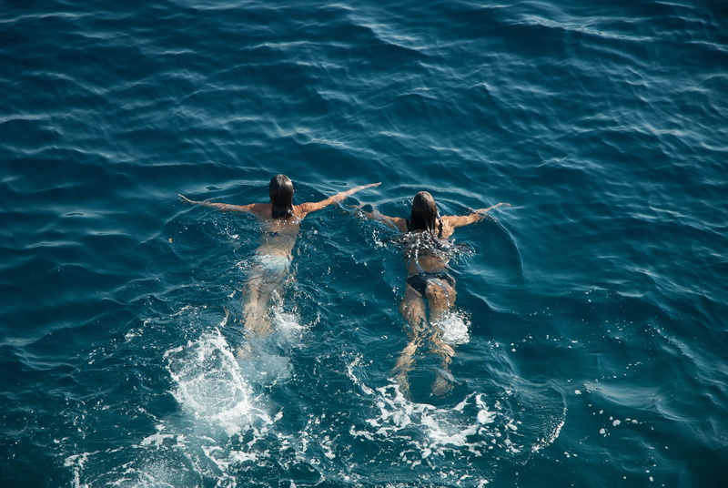 two people, two, outdoors, 4K, men, summer, blue, people, girls, sea, motion, enjoyment, water, day, croatia, high angle view, nature, swim, waterfront