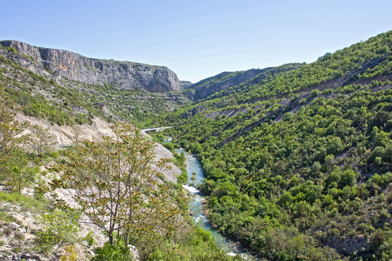 nature, tree, land, formation, rock - object, beauty in nature, non-urban scene, flowing, sky, flowing water, mountain range, valley, outdoors, 2K, tranquil scene