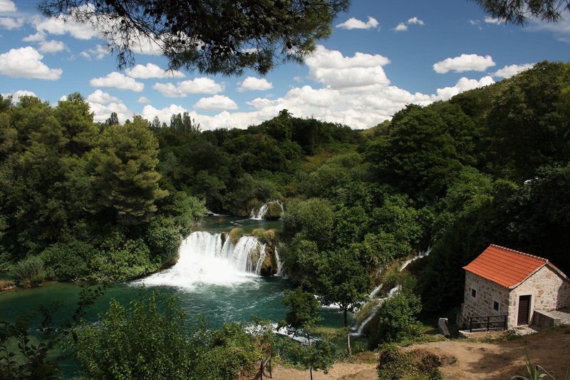 croatia, water, no people, cloud - sky, built structure, beauty in nature, flowing water, krka, mountain, nature, 2K, growth, scenics - nature, waterfall