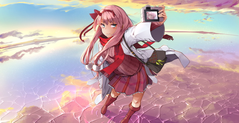 Girl, Coat, Darling in the FranXX, Anime, Blush, Skirt, Water, Zero Two (Darling in the FranXX), Pink Hair, Scarf, 2K, Green Eyes, Horns, Long Hair, Smile