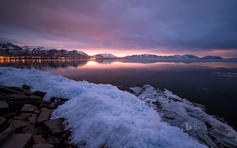 scenics - nature, 1080P, bing, deskto, water, beauty in nature, ice, mountain range, sunset, lake, no people, mountain, sun, cloud - sky, environment