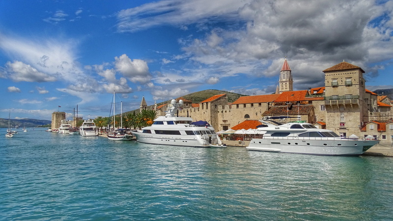 cities, waterfront, cloud - sky, city, moored, mode of transportation, trogir, transportation, pier, harbor, sky, nautical vessel, coast, historic house