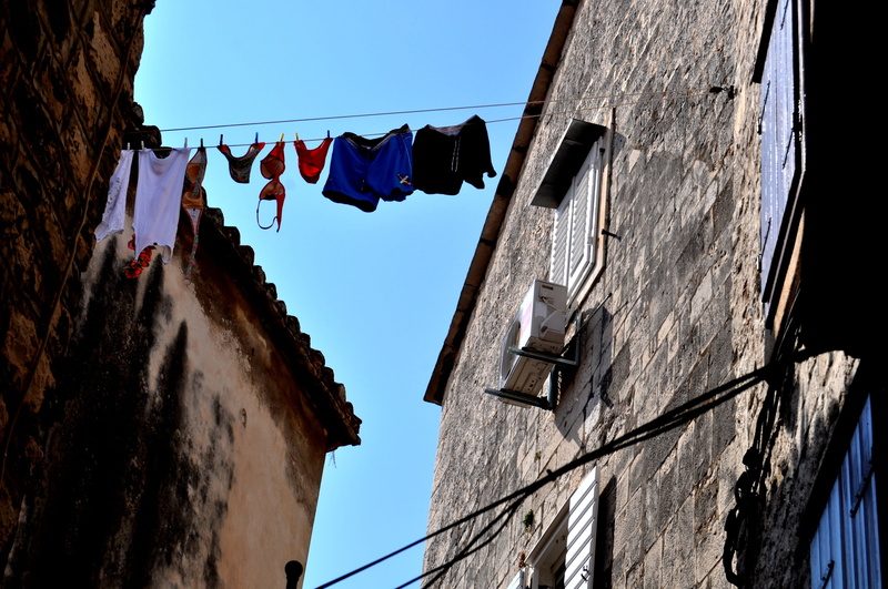 window, sky, street, wall - building feature, dalmatian way of drying laundry, built Structure, travel, Dalmatian, town, day, Drying, croatia, 4K, textile
