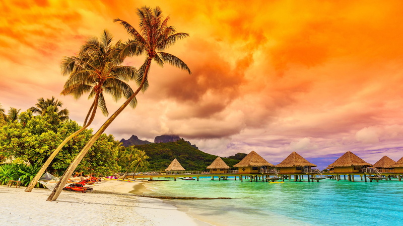 coconut, pond, bungalows, water, bora, hd, desktop, tropical, sky, red, trees, beach, clouds, sunset, 4K, sea