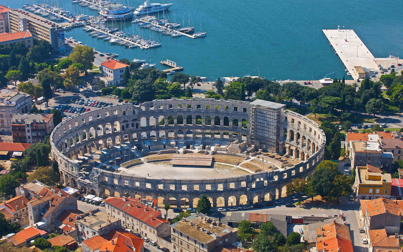 built structure, travel, cityscape, water, travel destinations, arena, day, archaeology, architecture, panorama, city, pula, nature, hd, building exterior