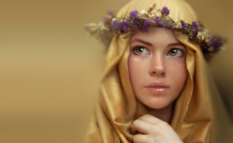 hairstyle, Holy Marie, indoors, close-up, young adult, beauty, females, selective focus, looking at camera, 2K, beautiful woman, wreaths, teenager, digital art