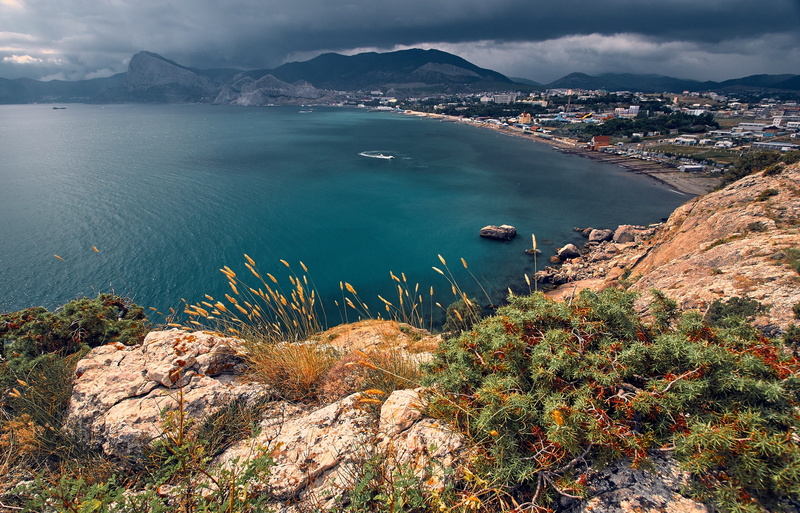 outdoors, thunderstorm, beach, travel destinations, cloud - sky, Mountains, mountain, rock, sea, architecture, sudak and novy svet, no people, 2K, scenics - nature