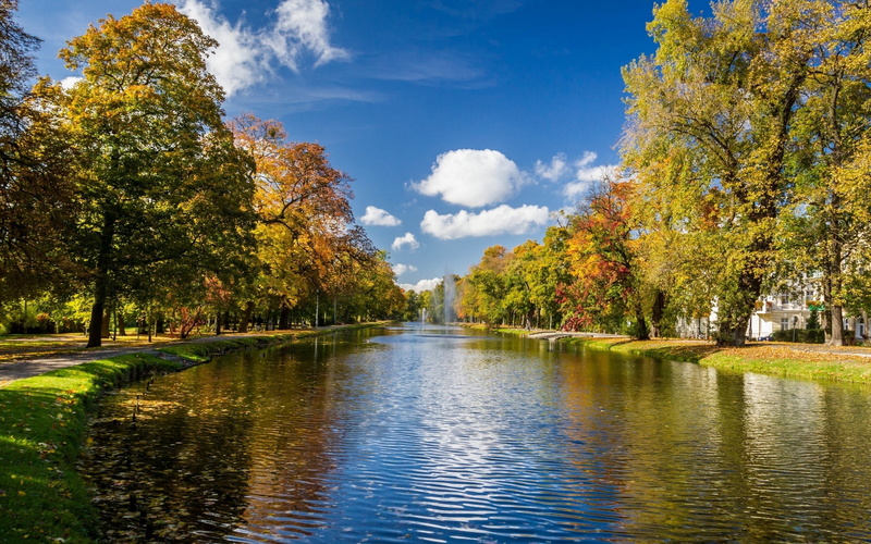 2K, River, Trees, Fountains, Autumn, Scenery, Park, Clouds