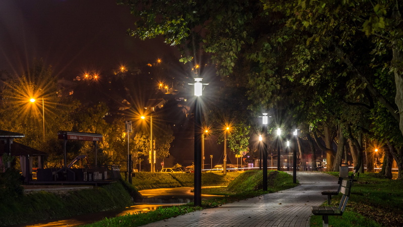 trees, samobor, croatia, pavement, nature, 4K, lights, night, zagreb, parks, bench, street