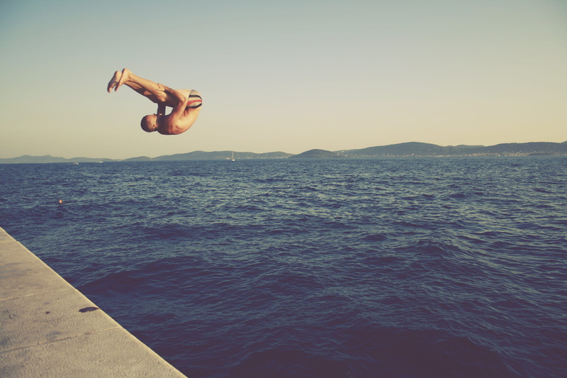 outdoors, sky, waterfront, land, leisure activity, hrvatska, sunset, 2K, blue, tranquil scene, summer, beauty in nature, jump, nature, sea, fun, motion