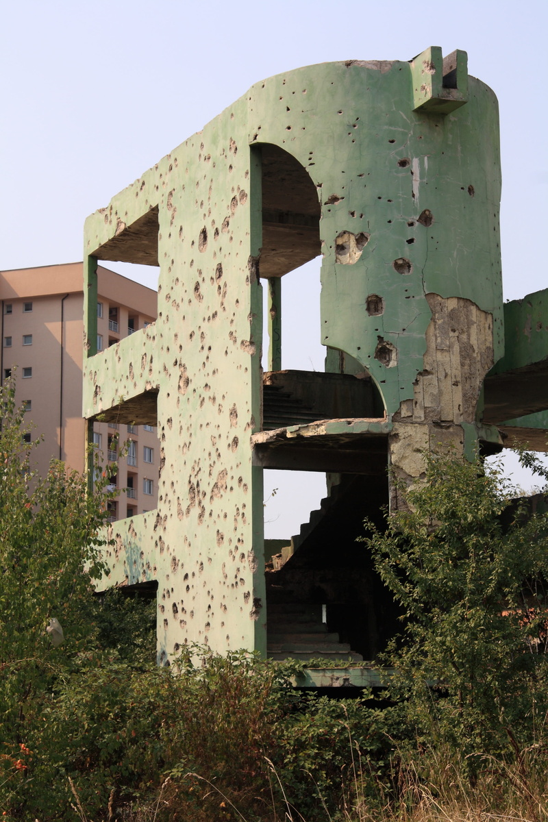 sky, the past, War, damaged, history, metal, weathered, water, ruined, building exterior, Sarajevo, outdoors, built structure, architecture, abandoned