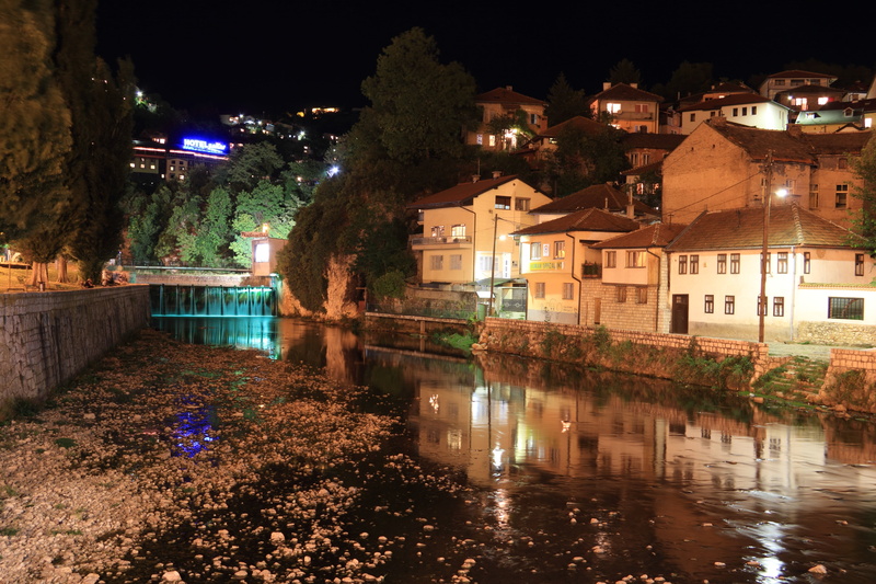 canal, outdoors, no people, built structure, illuminated, bosnia, tree, residential district, hezegovina, building, nature, reflection, evening, plant
