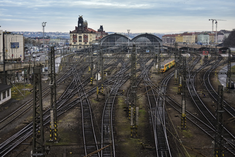 public transportation, train - vehicle, shunting yard, cloud - sky, architecture, railroad track, no people, train, prague, railway, 5K, sky, the main train station