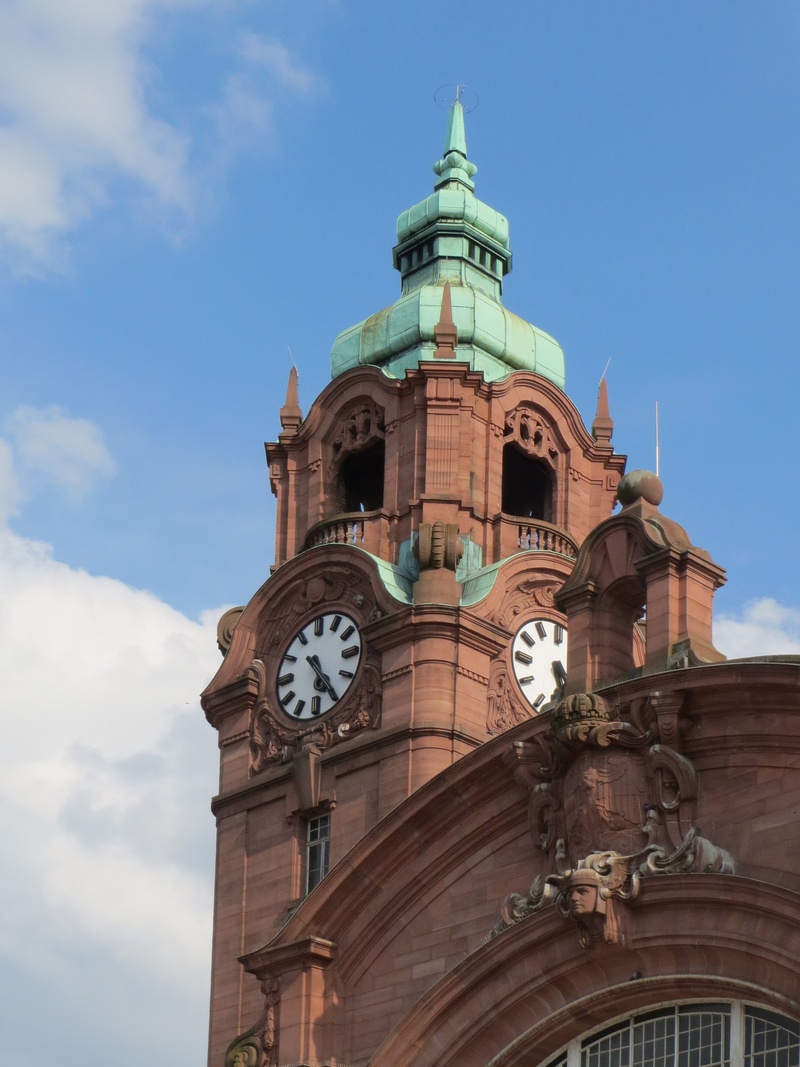 the past, place of worship, clock, time, wiesbaden, day, facade, clock tower, architecture, building, train station, nature, no people, main station, outdoors