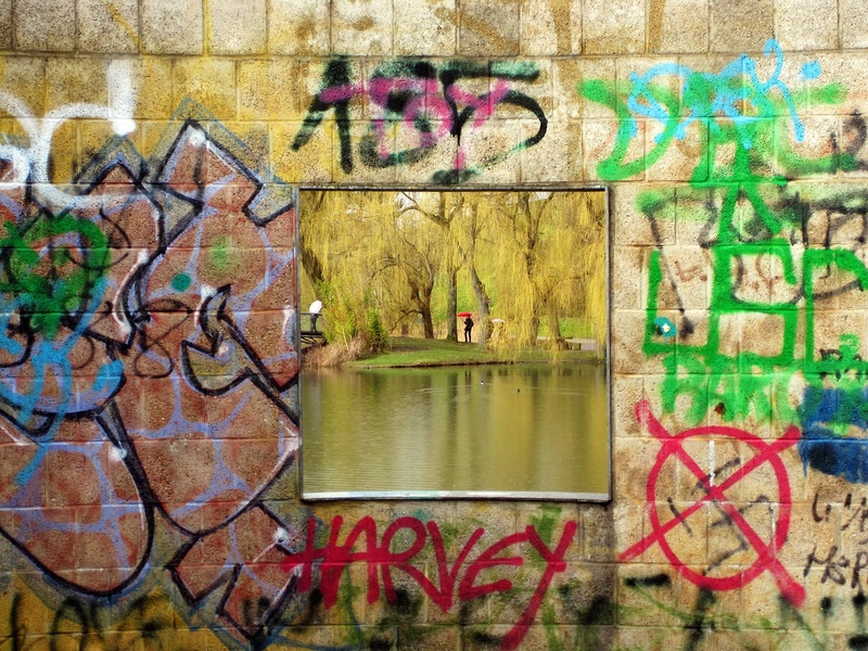 water, umbrella, frame, color, message, day, built structure, messy, walk, poster, facade paint, spray, art, communication, freiburg, square, street art