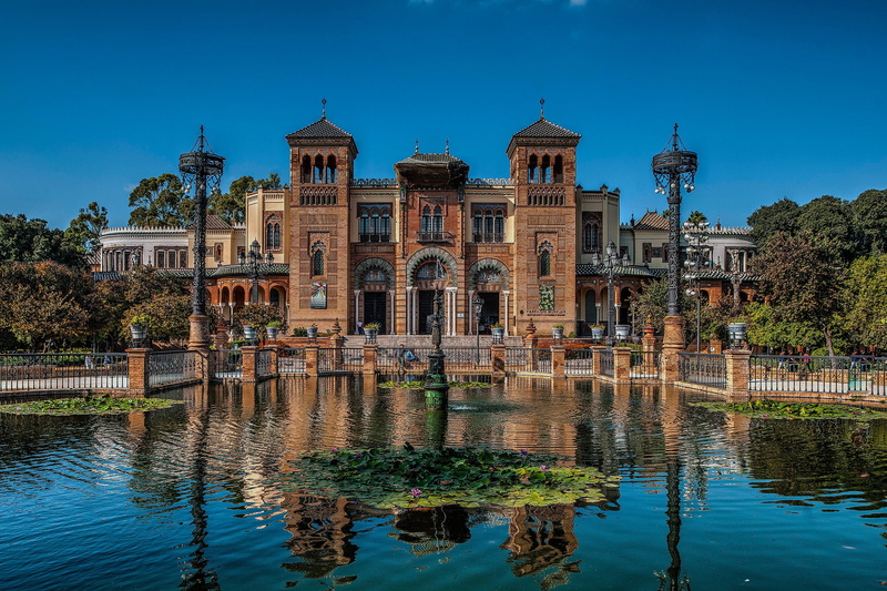 the building, Spain, pond, Mudéjar Pavilion, architecture, Andalusia, Maria Luisa Park, Seville, The Museum of popular arts and traditions, 1080P, The park of María Luisa