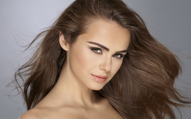 beautiful woman, body part, hair, brunette, hairstyle, Xenia Deli, human body part, women, fashion, one person, portrait, indoors, brown hair, face, Simple Background