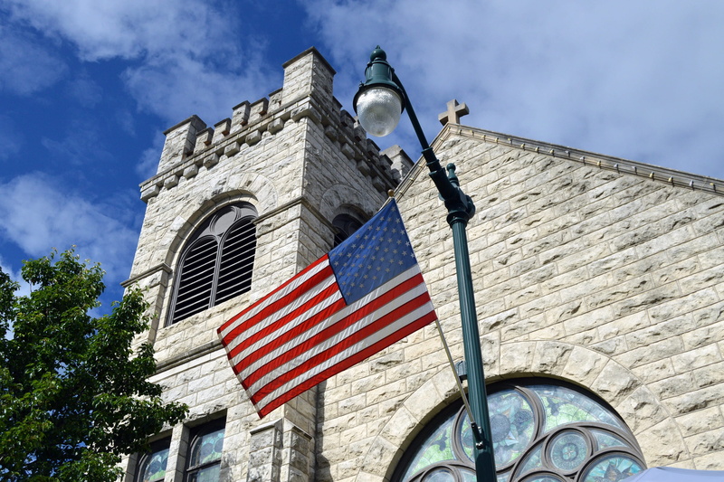 outdoors, sky, blue, cedarburg, symbol, middle america, wisconsin, independence, church, midwest, nature, july, american, low angle view, cloud - sky, patriotism