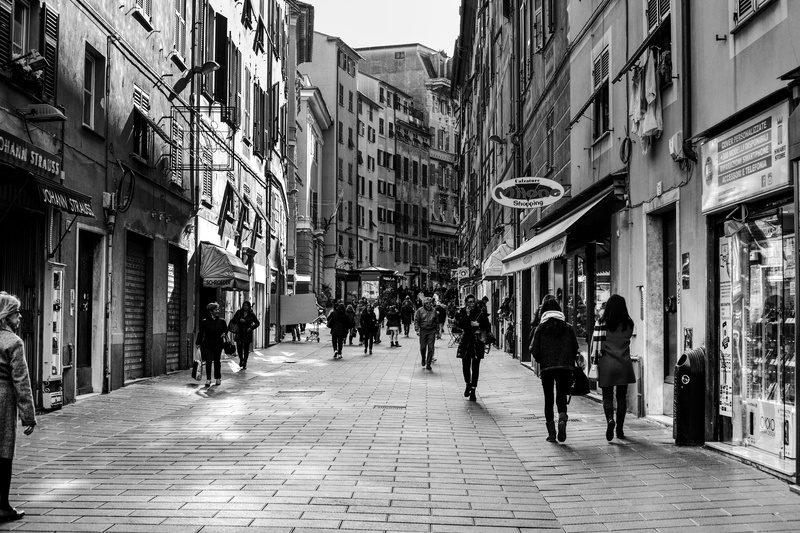 street, liguria, sidewalk, leisure activity, paving stone, via san vincenzo, town, human, city, path, genoa, photo, men, alley, people, built structure