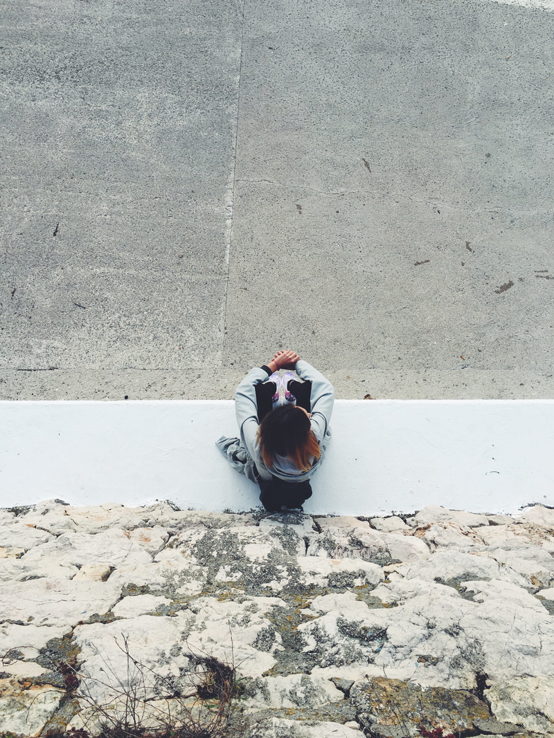 parking, adult, day, person, built structure, texture, high angle view, girl, ceiling, rock, lifestyles, sitting, concrete, introvert, gray, bottom, wall