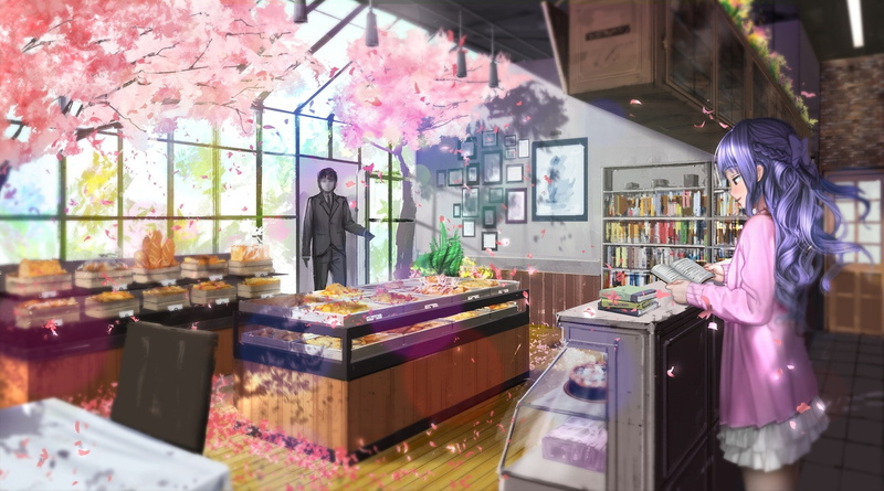standing, food, women, 1080P, retail, small business, freshness, food and drink, cherry blossom, indoors, business, retail display, market, original characters